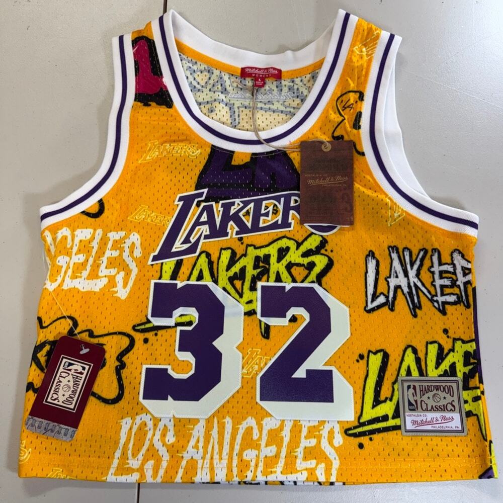 Magic Johnson LA Lakers Mitchell & Ness Slap Sticker Women's Crop Tank Large NWT